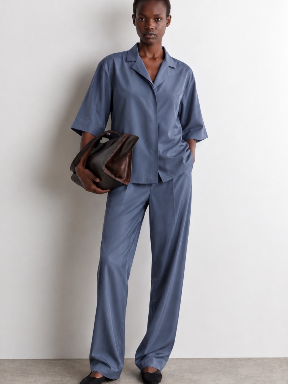 COS 100% Silk Dusty Slate Blue Matching Shirt & Pants Set Quiet Luxury Size 2-4